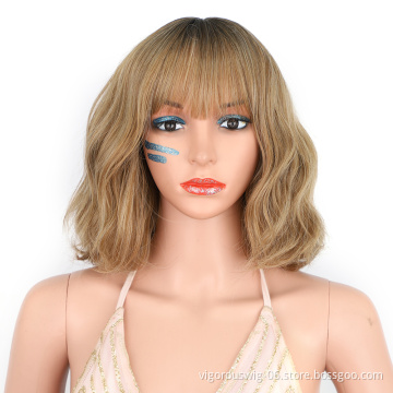 Cosplay Daily Use Wavy Short Bob Neat Bang Shoulder Length Curly Synthetic Heat Resistant Fiber Ombre Blonde color Wig for women